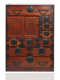 A STAINED WOOD AND IRON ACCENTED DUNBAR-STYLE CABINET, AFTER EDWARD WORMLEY (AMERICAN 1907-1995)