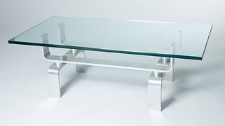 A CONTEMPORARY MID-CENTURY GLASS AND STEEL COFFEE TABLE