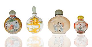 GROUP OF FOUR REVERSE PAINTED GLASS SNUFF BOTTLES