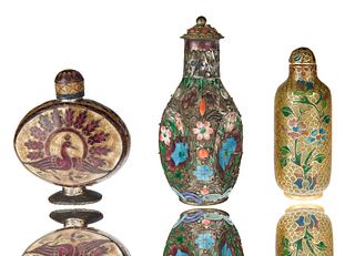GROUP OF THREE ENAMEL AND GLASS SNUFF BOTTLES