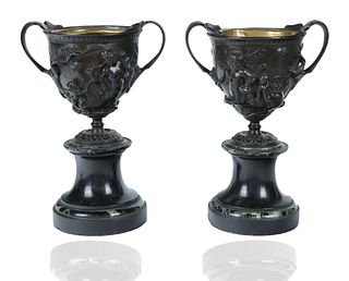PAIR OF 19TH CENTURY BRONZE AND STONE CHALICES