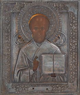 19TH CENTURY RUSSIAN ICON OF ST. NICHOLAS WITH SILVER OKLAD