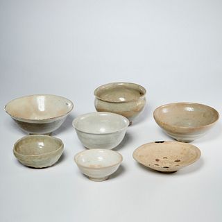(7) antique Asian celadon pottery chawan bowls