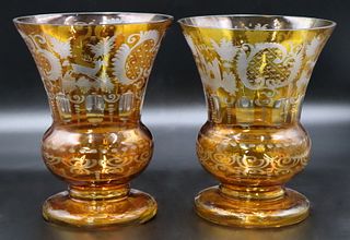 2 Antique Etched  Amber Glass Urns