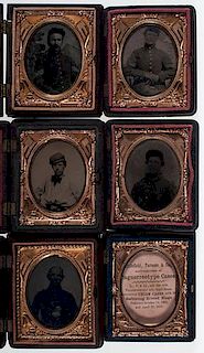 Civil War Ninth Plate Ambrotypes & Tintypes of Soldiers, Group of Five, Plus Patriotic Thermoplastic Case 