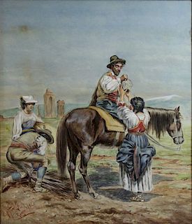 AURELI, Giuseppe. Watercolor. Peasants Near Ruins.