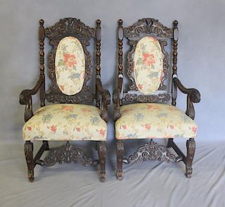 Pair of Highly Carved High Back Arm Chairs.