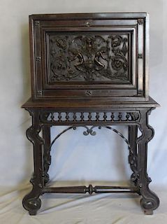 Antique Vergueno Style Highly Carved Desk on Stand