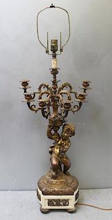 Antique Bronze Cherub Candelabra Lamp.