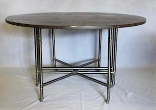 Linen Wrapped Table With Gun Metal Base.