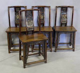 Set of 4 Chinese Carved Hardwood Chairs.