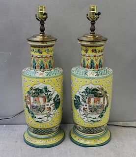 Pr of Antique Famille Jaune Enamel Vases as Lamps.