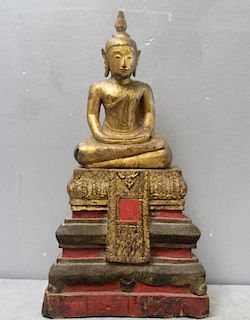 Antique Gilded Buddha on Carved and Patinated