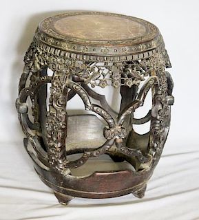 Carved Asian Hardwood Barrell Form Marble Top
