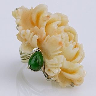 AIG Certified Vintage Carved Coral and 14 Karat White Gold Ring