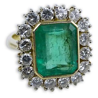 AIG Certified 5.09 Carat Rectangular Step Cut Emerald, 1.76 Carat Round Brilliant Cut Diamond and 18 Karat Yellow Gold Ring