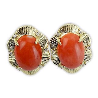 6.73 Carat Red Coral and 14 Karat Yellow Gold Earrings