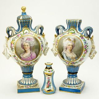 Pair of 19/20th Century French Sevres Louis XVI style Bleu Celeste Porcelain Covered Urns