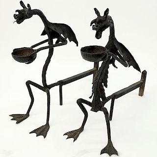 Pair Early 20th Century Hand Wrought Iron Dragon Chimera Andirons