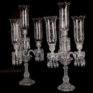 Pair of Baccarat 3 Light Glass Girandole Table Candelabras with Hanging Prisms and Etched Hurricane Shades