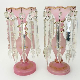 Pair Antique Pink Cased Glass, Snake Wrapped Lusters With Long Prisms and Parcel Gilt Decoration