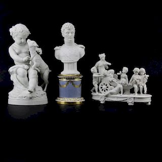 Three Antique Bisque Parian Figures. After Clodion, French (1738-1814): Bisque figurine "Bacchus Child"