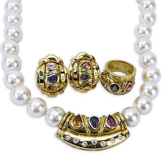 Vintage Bulgari style 18 Karat Yellow Gold, Round Brilliant Cut Diamond and Gemstone Suite Including Ring, Earclips and South Sea Pearl Necklace.