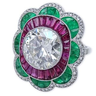 Stunning Art Deco Design Approx. 5.52 Carat Round Brilliant Cut Diamond and Platinum Ring