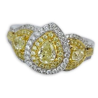 Approx. 1.0 Carat Fancy Yellow Diamond, .36 Carat Round Brilliant Cur Diamond and 18 Karat White Gold Ring