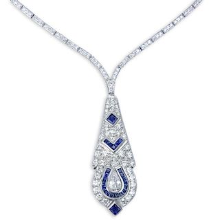Art Deco Design Approx. 11.10 Carat Diamond, Sapphire and Platinum Pendant Necklace