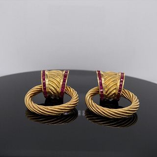 David Yurman 18k Yellow Gold Ruby Cable Hoop Earrings