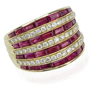 Approx. 3.32 Carat Invisible Set Ruby, .67 Carat Round Brilliant Cut Diamond and 14 Karat Yellow Gold Ring