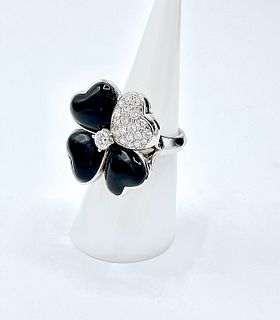 Van Cleef & Arpels 18K White Gold Onyx Diamond Cosmos Ring Size 54