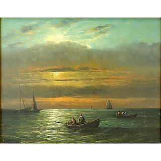 Hendrik Frauenfelder, Dutch  (1885 - 1922) Oil on panel "Fishing at Dawn"