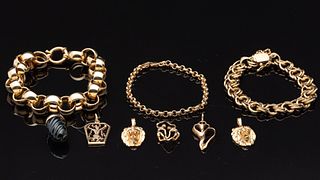 Three 14K Gold Bracelets and 6 Charms