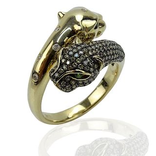 14 Karat Yellow Gold Snake Ring accented with small Round Cut Diamonds and Emeralds