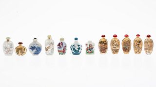 12 Chinese Glass Painted and Porcelain Snuff Bottles