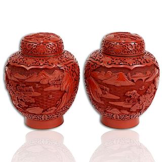 Pair Chinese Nicely Carved Cinnabar and Enameled Ginger Jars.