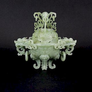 Antique Chinese High Relief Carved Green Jade Censer.