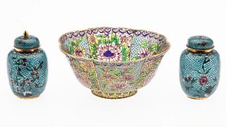 Transparent Cloisonne Bowl and Pair of Small Jars