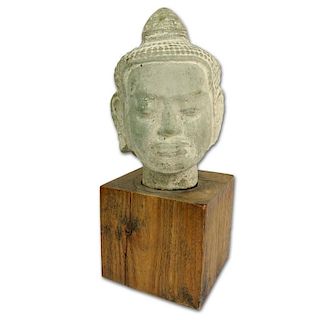 Vintage Thai Carved Stone Buddha Head. On wood block