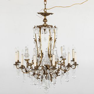 French Style Bronze and Glass 12 Light Chandelier