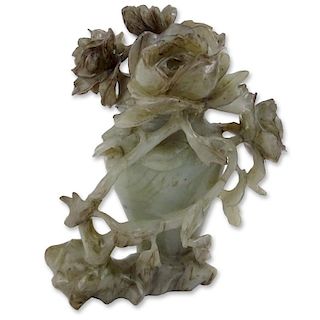 20th Century Chinese Carved Jade Covered Vase with Flowers.