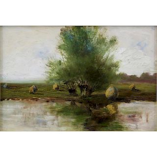 Vintage Decorative Oil on Panel “Haystacks In Landscape”