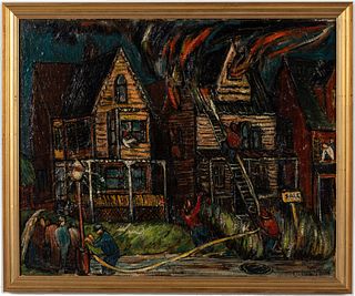 Unsigned, American Primitive Painting of a Fire, O/B