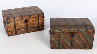 2 Decorated Pine Trunks with Metal Strapping, 19th C