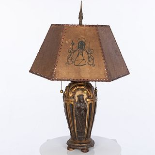 Arts & Crafts Carved Wood Lamp & Mica Shade, c. 1920