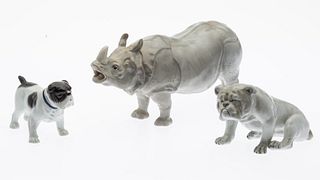 Two Porcelain Bull Dogs and a Rhino