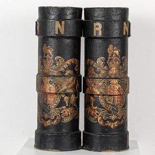 Two Connected British Leather Powder Kegs, 19th C
