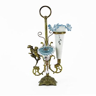 Victorian Enameled Cased Glass and Bronze Epergne